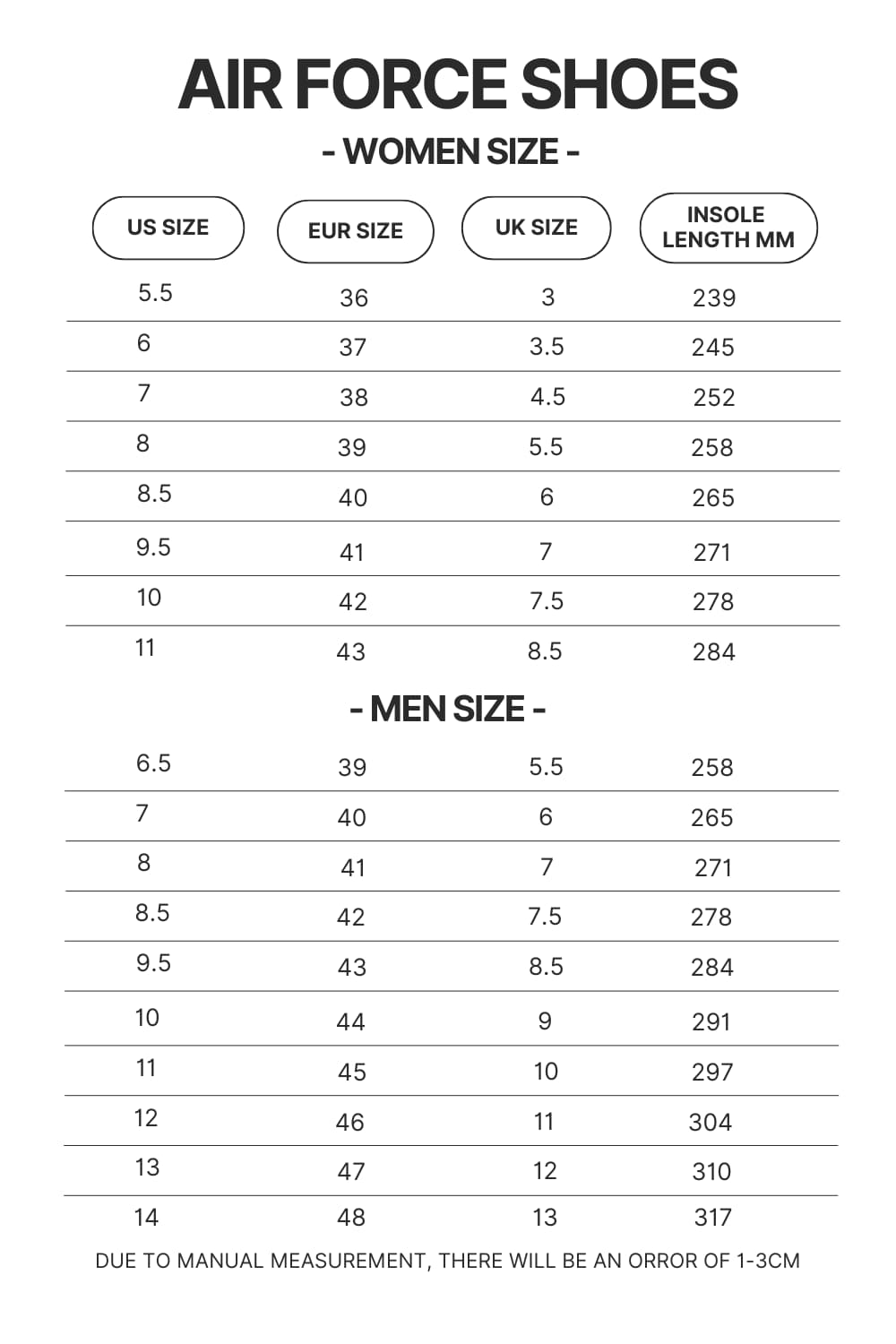 Air Force Shoes Size Chart - Foo Fighters Shop