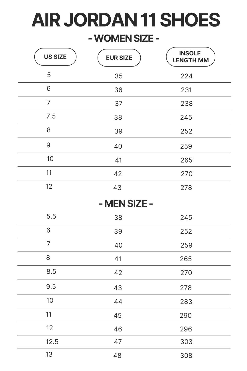 Air Jordan 11 Shoes Size Chart - Foo Fighters Shop