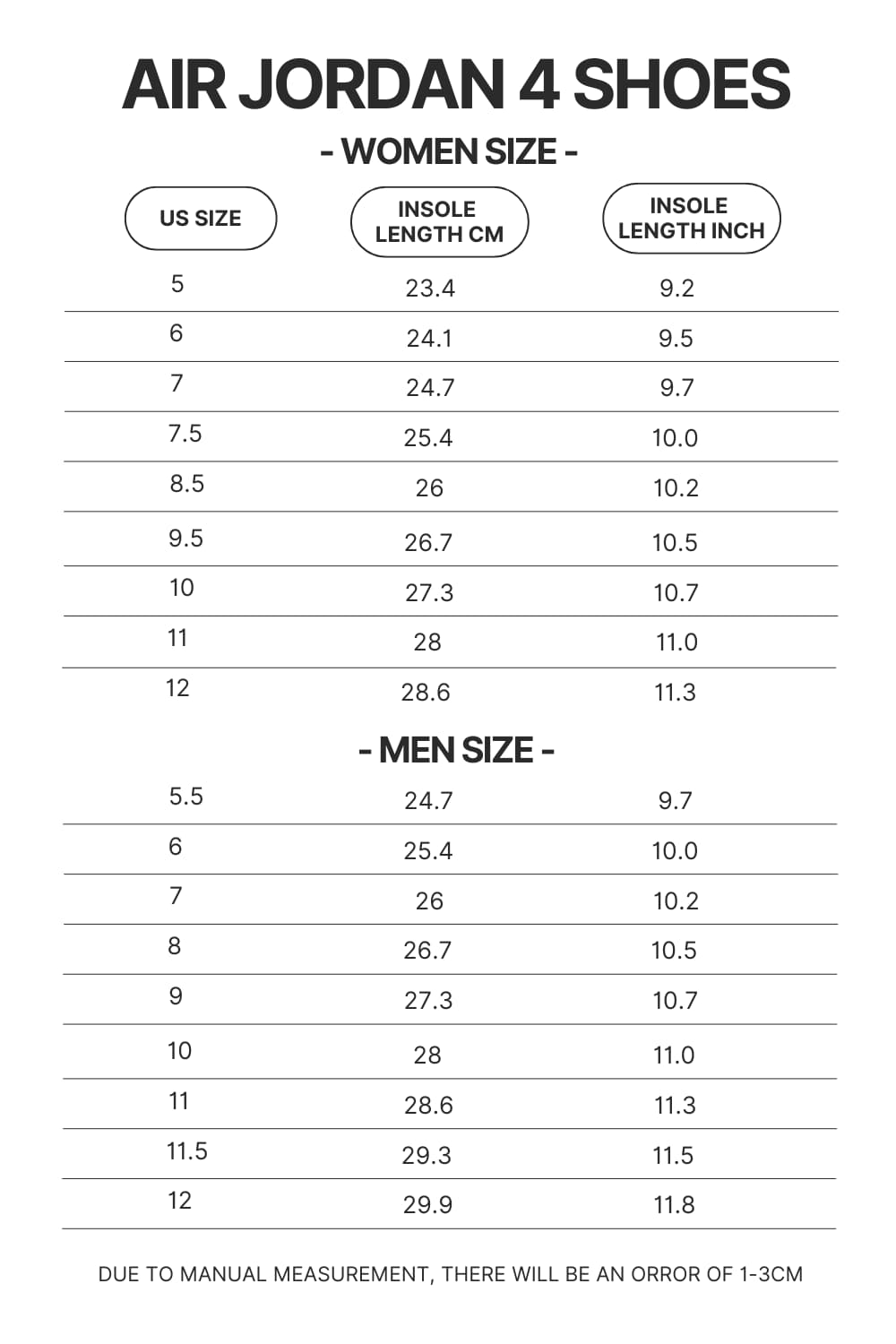 Air Jordan 4 Shoes Size Chart - Foo Fighters Shop