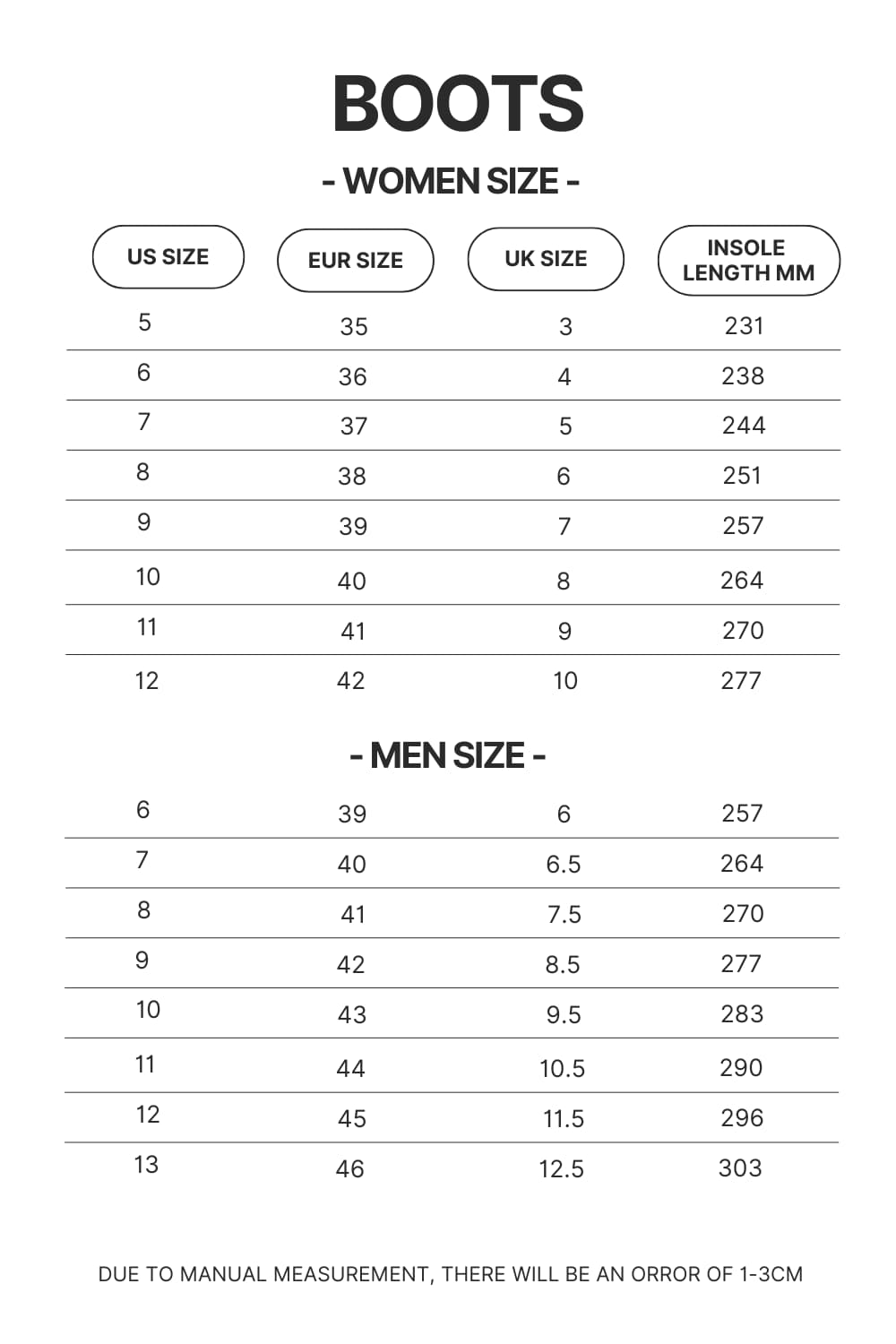 Boots Size Chart - Foo Fighters Shop