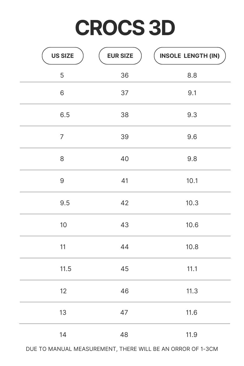 Crocs 3D Size Chart - Foo Fighters Shop