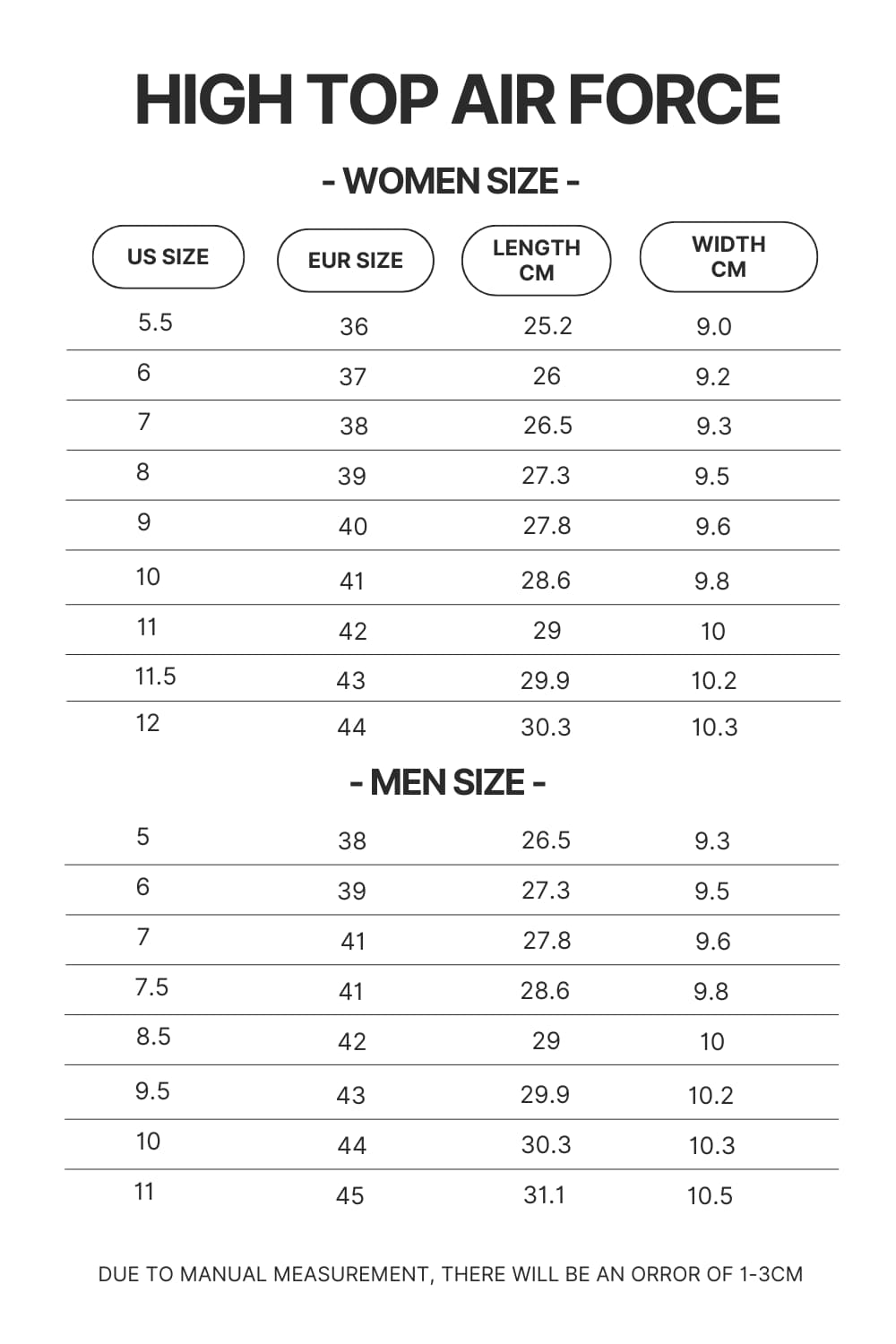 High Top Air Force Shoes Size Chart - Foo Fighters Shop