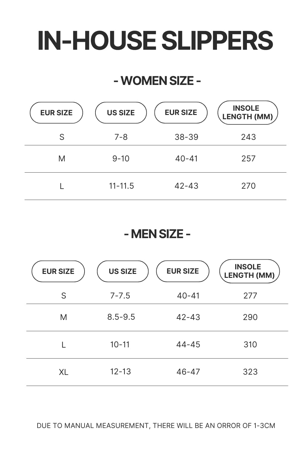 In House Slippers Size Chart - Foo Fighters Shop