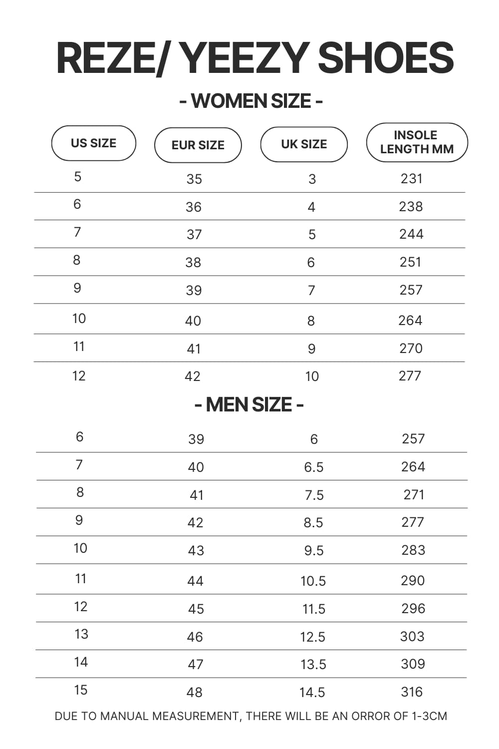 Reze Yeezy Shoes Size Chart - Foo Fighters Shop