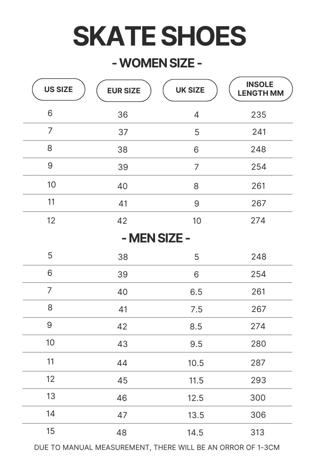 Skate Shoes Size Chart - Foo Fighters Shop