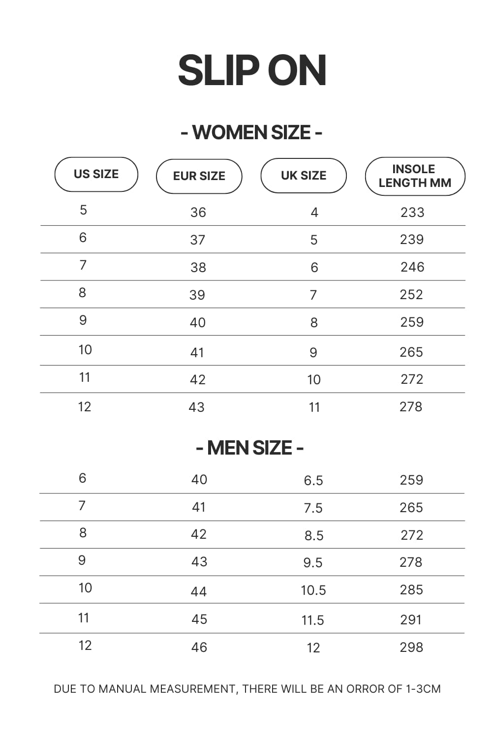 Slip On Size Chart - Foo Fighters Shop